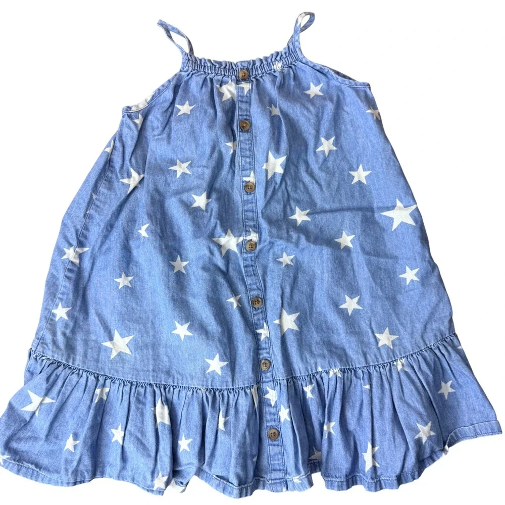 Old Navy Kids Blue Star Print Chambray Button Front Ruffle Sundress 4T